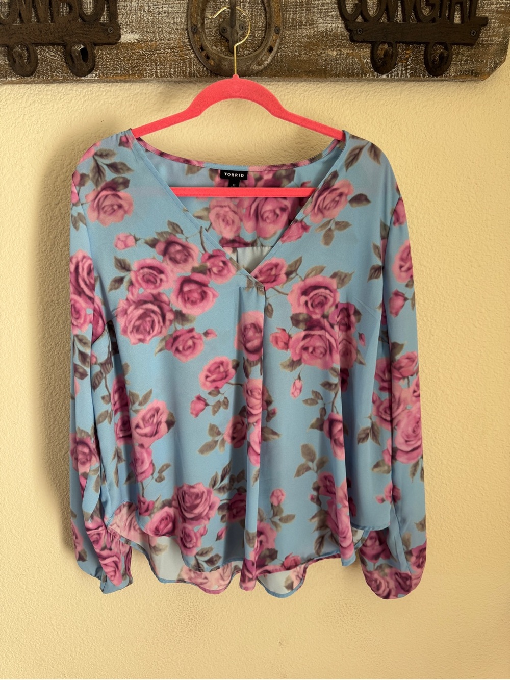 torrid Blue Floral V-Neck Blouse with Pink Roses